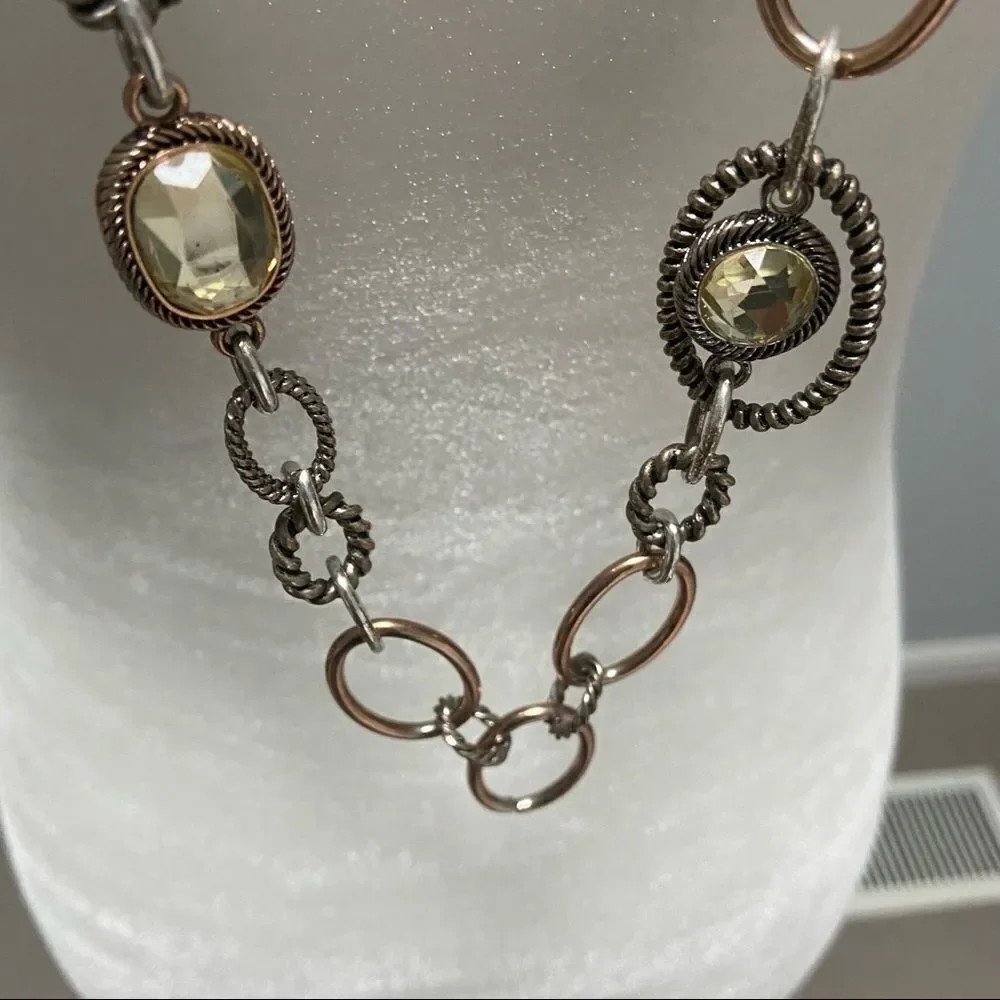 Long link silver and gold tone adjustable necklace with faceted yellow jewels